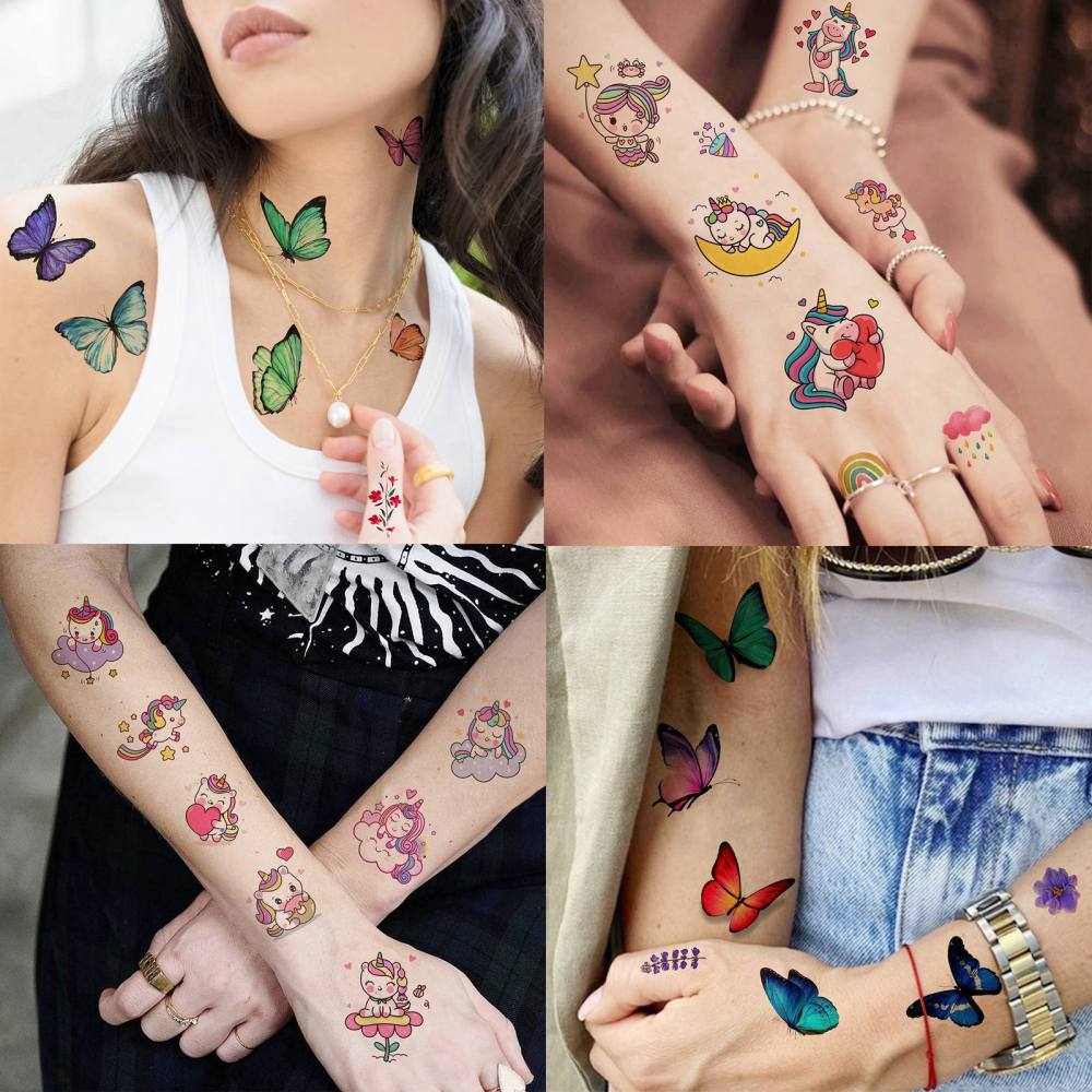 60 Sheets 500+ Patterns Cartoon Temporary Tattoos For Kids Girls, Groovy Cute Mermaid Unicorn Dinosaur Butterfly Temp Fake Tattoo Stickers, Small Animals Summer Tatoos Tatuajes Temporales Child