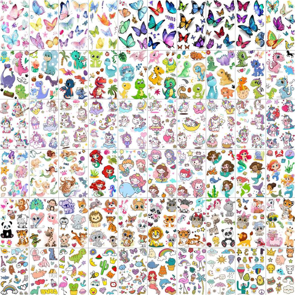 60 Sheets 500+ Patterns Cartoon Temporary Tattoos For Kids Girls, Groovy Cute Mermaid Unicorn Dinosaur Butterfly Temp Fake Tattoo Stickers, Small Animals Summer Tatoos Tatuajes Temporales Child