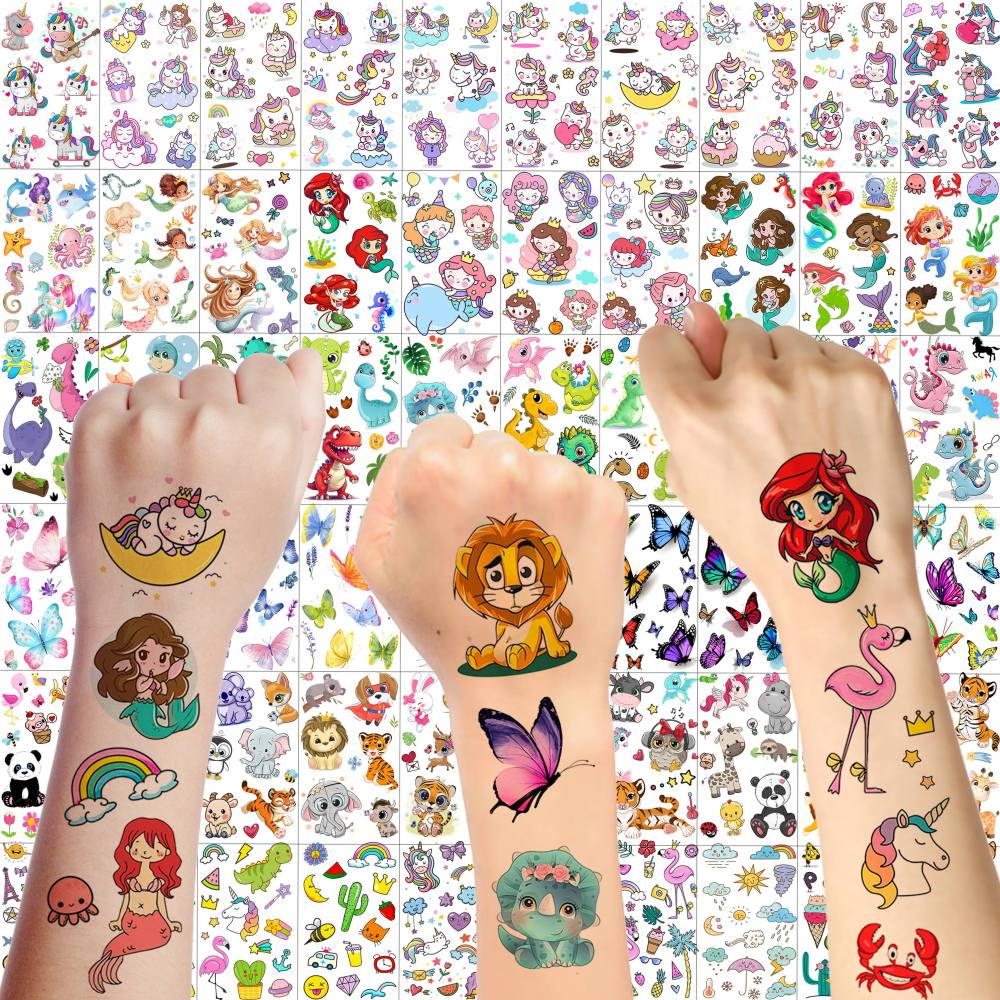 60 Sheets 500+ Patterns Cartoon Temporary Tattoos For Kids Girls, Groovy Cute Mermaid Unicorn Dinosaur Butterfly Temp Fake Tattoo Stickers, Small Animals Summer Tatoos Tatuajes Temporales Child