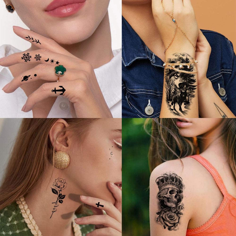 72 Sheets Realistic Lion Rose Flower Temporary Tattoos For Women Girls Adults Arm, Bulk Temp Sleeve Tattoos Peony Fox Wolf Florals, Halloween 3D Realistic Fake Tattoo Stickers Skull Skeleton Tiger