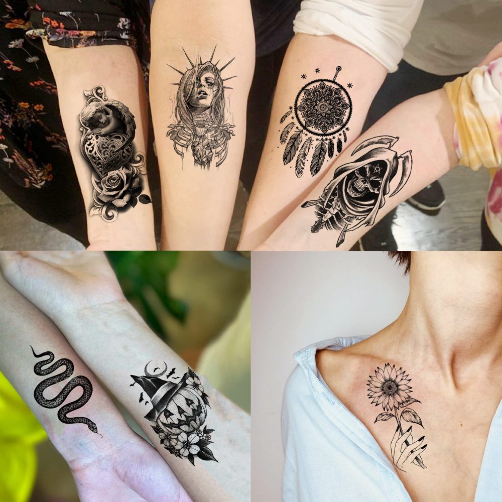 75 Sheets Halloween Skull Skeleton Temporary Tattoos For Men Women, Snake Demon Devil Fiend Satan Bulk Half Arm Sleeve Tattoos For Adults, 3D Temp Long Lasting Fake Tattoo Sticker Vampire Zombies