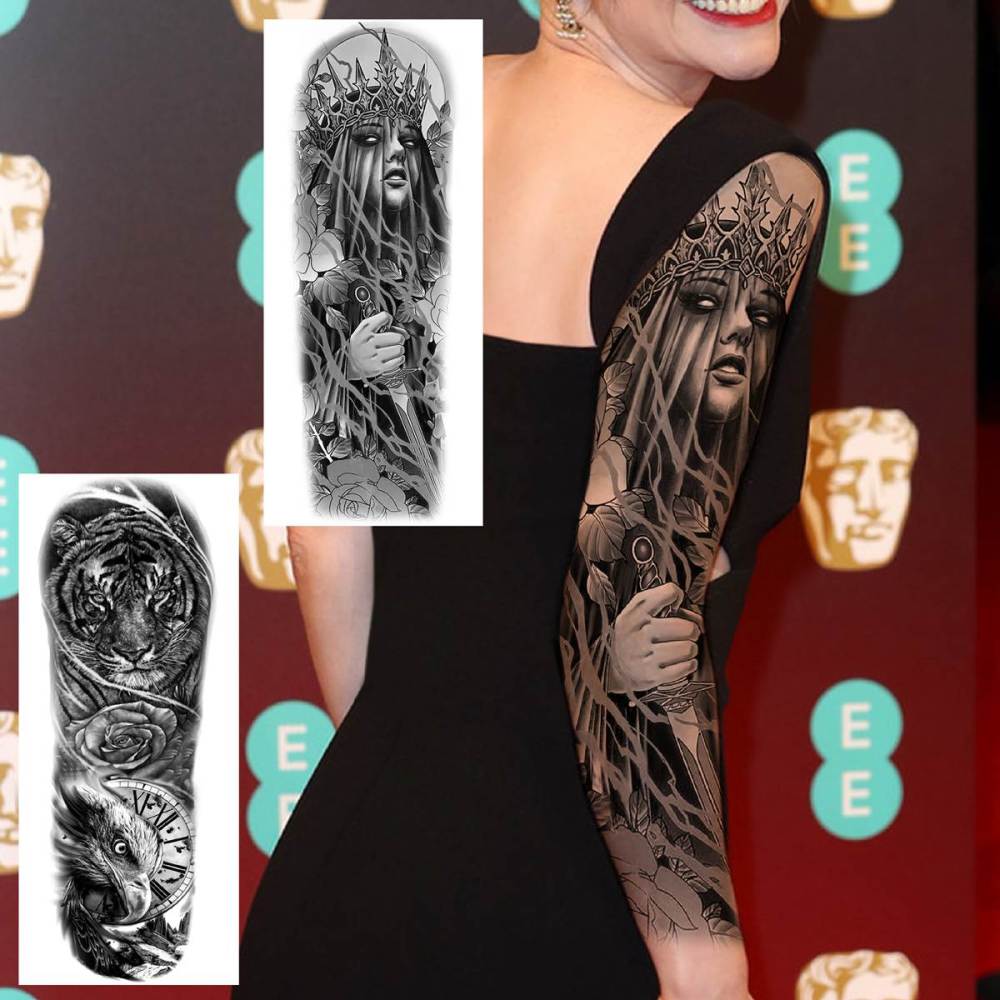 20 Sheets Black Tribal Wolf Tiger Lion Temporary Tattoo Sleeve For Men Adults, 3D Halloween Prison Gothic Maori Sleeve Tattoos For Women, Fake Full Arm Sleeve Tattoo Stickers Skull Skeleton