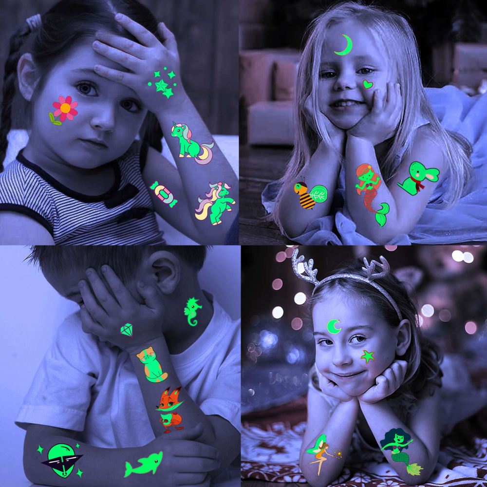 20 Sheets Bulk Cute Luminous Temporary Tattoos For Kids Boys Girls Children, 3D Night Cartoon Car Unicorn Robot Animals Dog Cat Shark Space Pirate Marine Fairy Fake Glow in The Dark Tattoo Stickers