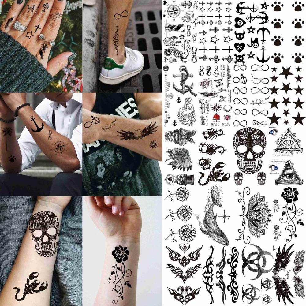 50 Sheets Black Temporary Tattoos For Men Adults Ealge Dragon Lion Wolf Animals For Women Neck Arm Thigh, Fake Small Skull Tattoo Sticker For Kids Children Boys Girls Tatoos