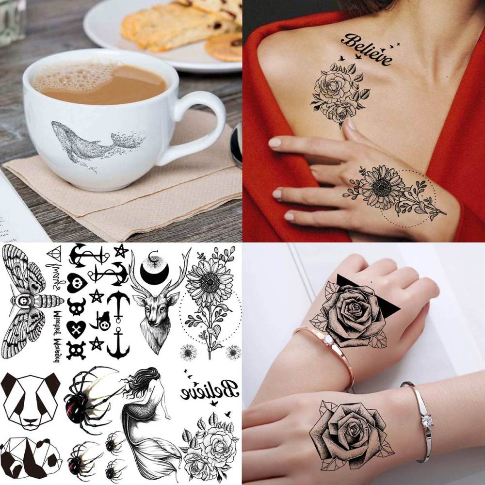 66 Sheets 3D Small Black Temporary Tattoos For Women Men Waterproof Fake Tattoo Stickers For Face Neck Arm Children Flower Birds Star Realistic Tatoo Kits For Boy Girls Adults