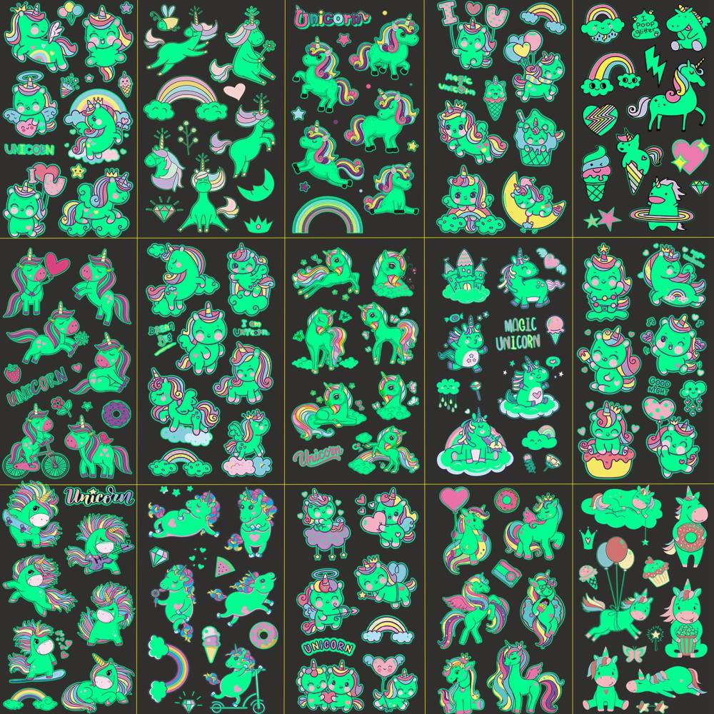 15 Sheets Unicorn Glow in The Dark Temporary Tattoos for Kids Girls Toddler Cute Fun Glitter Night Luminous Waterproof Fake Tattoo Sticker For Children Birthday Gifts Party Supplies Favor