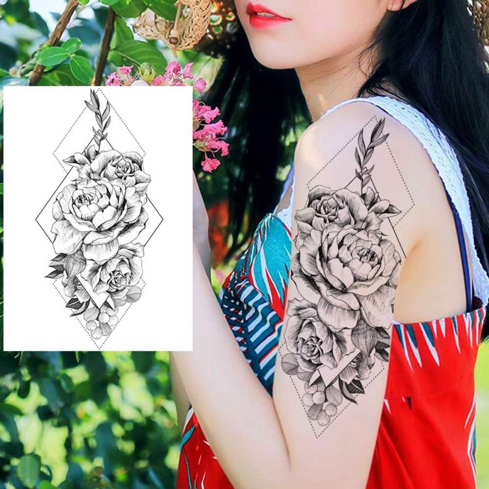 6 Sheets 3D Realistic Large Black Rose Flower Temporary Tattoos For Women Body Art Arm Big Peony Geometric Tattoo Stickers Adults Fake Waterproof Tatoo Legs Sketch Sexy Girl Peach Lily