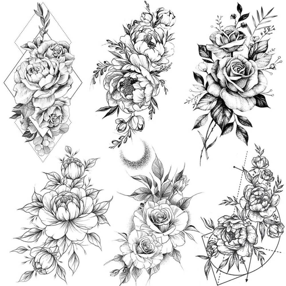6 Sheets 3D Realistic Large Black Rose Flower Temporary Tattoos For Women Body Art Arm Big Peony Geometric Tattoo Stickers Adults Fake Waterproof Tatoo Legs Sketch Sexy Girl Peach Lily