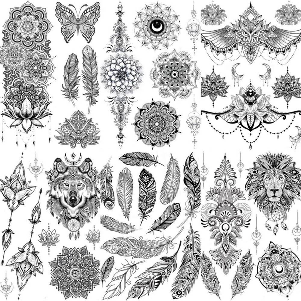 6 Pieces/Lot Unique Black Henna Temporary Tattoo Stickers For Adults Women Girls Feather Mandala Flower Body Art Large Big Arm Tattoos Sheet Lace Indian Mehndi Sexy Wedding Tatoos OWL