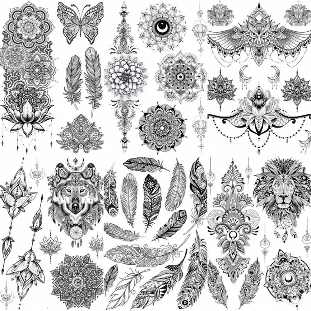 6 Sheets Unique Black Henna Temporary Tattoo Stickers For Adults Women Girls Feather Mandala Flower Body Art Large Big Arm Tattoos Sheet Lace Indian Mehndi Sexy Wedding Tatoos OWL