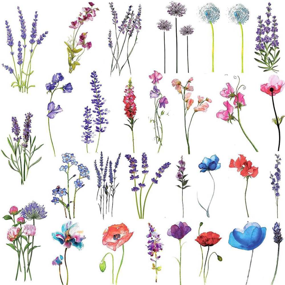 12 Sheets 3D Watercolor Lavender Flower Temporary Tattoos For Women Body Art Arm Fake Flora Adults TattooSticker Waterproof Girls Tatoos