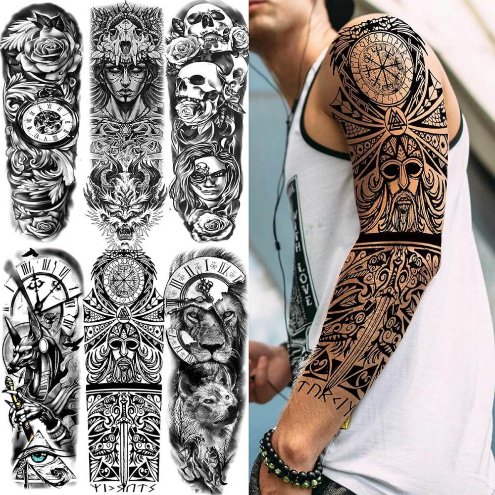 21 Sheets Extra Large Black Temporary Tattoos For Women Adults Greek Myth With 8 Sheets Full Arm Sleeve For Men Maori Warrior Compass and 13 Sheets Fake Large 3D Tatoo Stickers