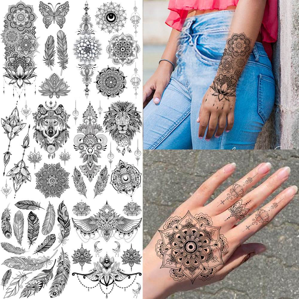 6 Sheets Unique Black Henna Temporary Tattoo Stickers For Adults Women Girls Feather Mandala Flower Body Art Large Big Arm Tattoos Sheet Lace Indian Mehndi Sexy Wedding Tatoos OWL