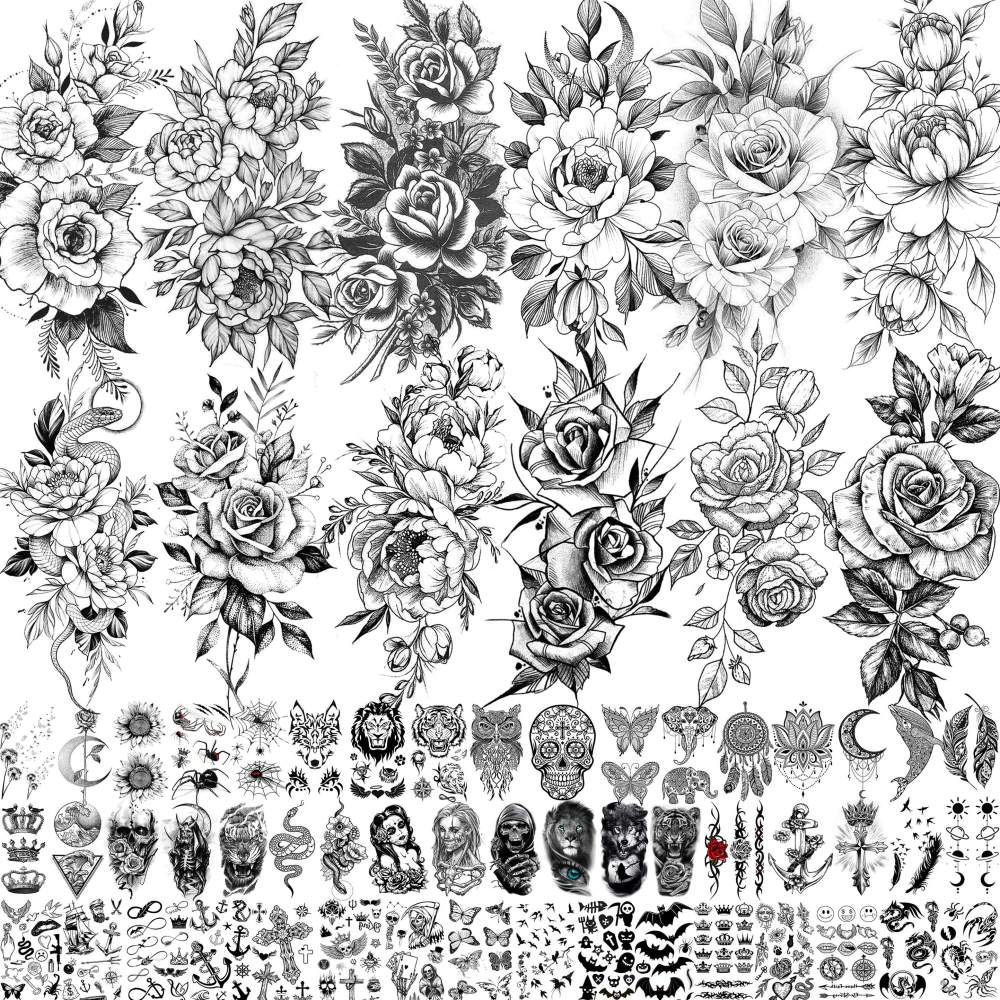 63 Sheets Realistic Black Rose Peony Flower Temporary Tattoos for Women Adults Body Art Arm, Snake Fake Floral Sketch Sleeve Tattoo Sticker
