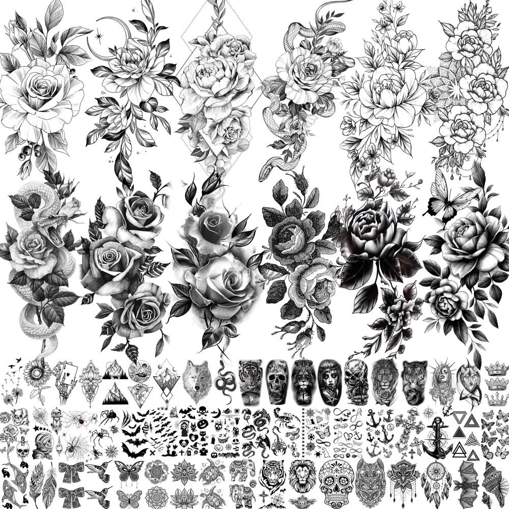 65 Sheets Black Realistic Flower Temporary Tattoos For Women Arm Thigh, 3D Fake Tattoos That Look Real And Last Long, Temp Rose Sketch Moon Snake Peony Floral Tattoo Stickers For Adults Girls