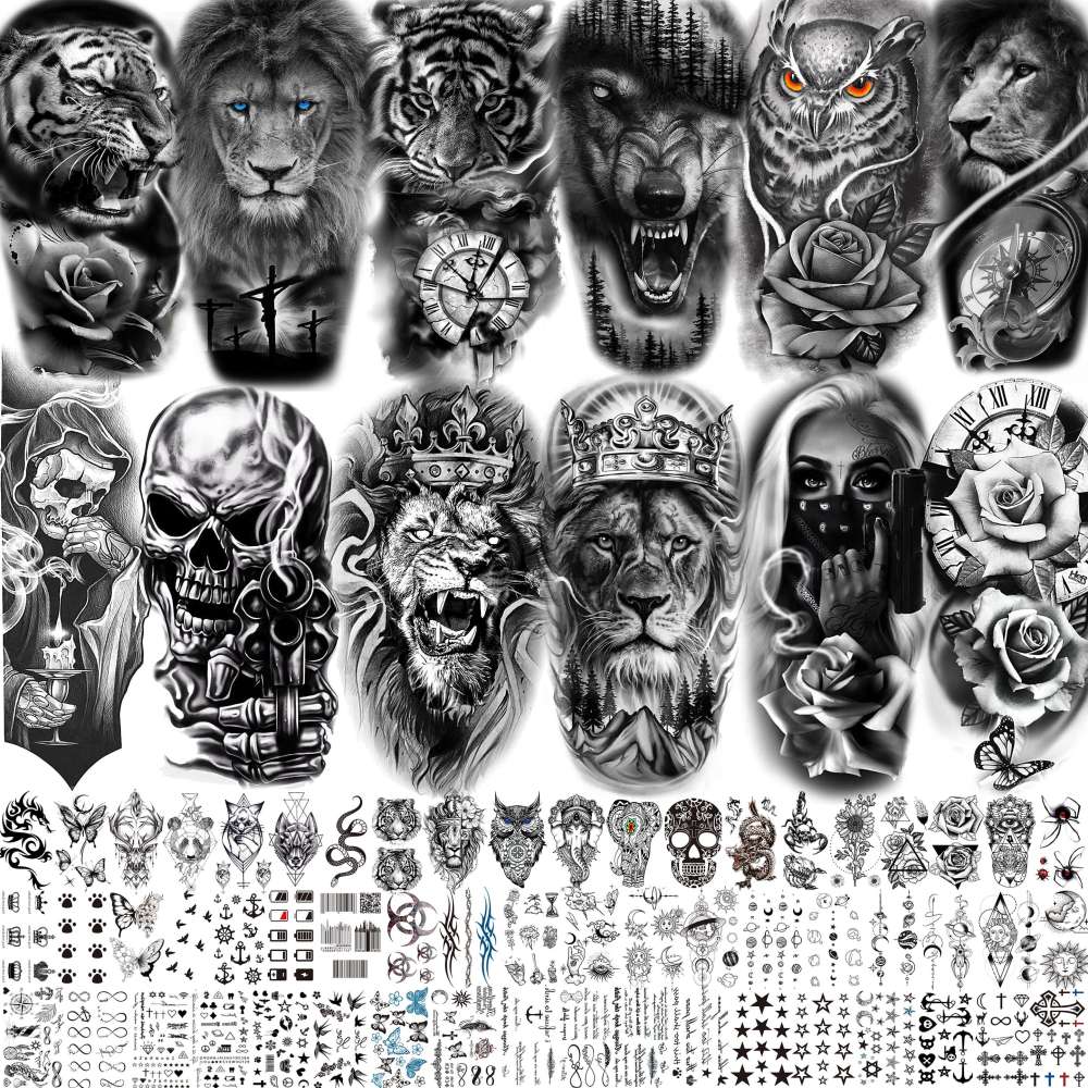 69 Sheets 3D Realistic Tiger Lion Temporary Tattoos For Women Forearm Men Arm, Half Sleeve Wolf Owl Skull Skeleton Waterproof Fake Tattoos For Adults Thigh, Black Animal Bulk Tattoo Sticker
