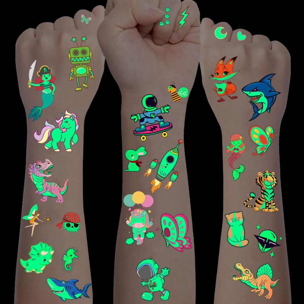 20 Sheets Bulk Cute Luminous Temporary Tattoos For Kids Boys Girls Children, 3D Night Cartoon Car Unicorn Robot Animals Dog Cat Shark Space Pirate Marine Fairy Fake Glow in The Dark Tattoo Stickers