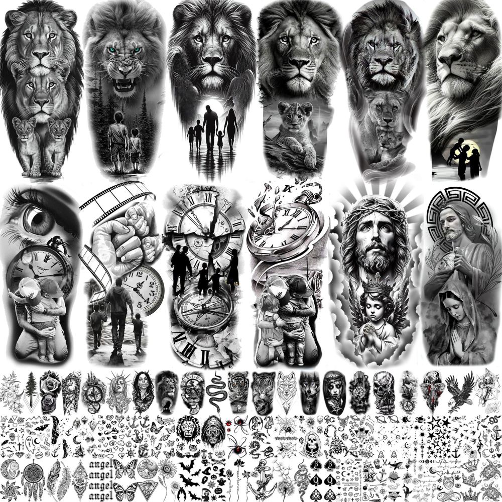 75 Sheets Loyalty Family Temporary Tattoos For Men Women, Lion Wolf Faith Belief Half Arm Sleeve Tattoo Stickers Tiger Owl, 3D Temp Long Lasting Fake Tattoos For Adults Kids Christian God Jesus Christ