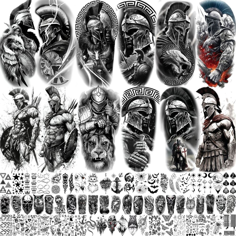 74 Sheets Black Gladiator Temporary Tattoos For Men Adults Forearm, Halloween Half Arm Sleeve Tattoo For Women Greek Mythology Spartan Warriors Knight, Long Lasting Fake Tattoo Stickers Lion Eagle War