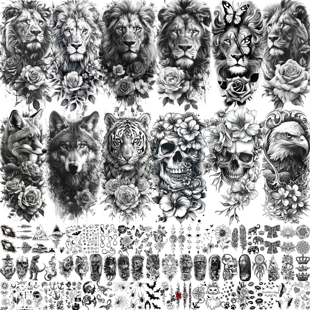 72 Sheets Realistic Lion Rose Flower Temporary Tattoos For Women Girls Adults Arm, Bulk Temp Sleeve Tattoos Peony Fox Wolf Florals, Halloween 3D Realistic Fake Tattoo Stickers Skull Skeleton Tiger