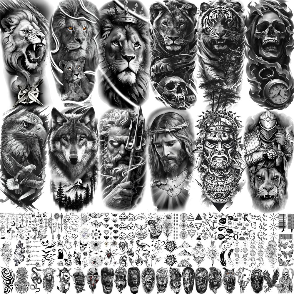 73 Sheets Zeus God Temporary Tattoos For Men Adults Forearm, Halloween Lion Poseidon Half Arm Sleeve Tattoo For Women Jesus Christ Skeleton Maori Warrior, Temp Bulk Fake Tattoo Stickers Eagle Tiger