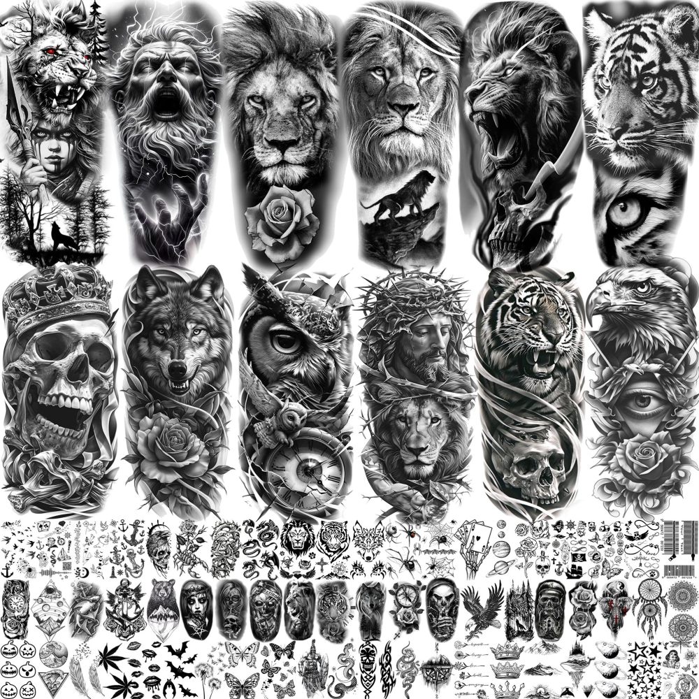 73 Sheets Lion Skull Wolf Temporary Tattoos For Women Men, Halloween Skull Eagle Owl Waterproof Half Arm Sleeve Tattoos For Adult, Tiger Jesus Christ Long Lasting Fake Tattoo Sticker Tiger Skeleton