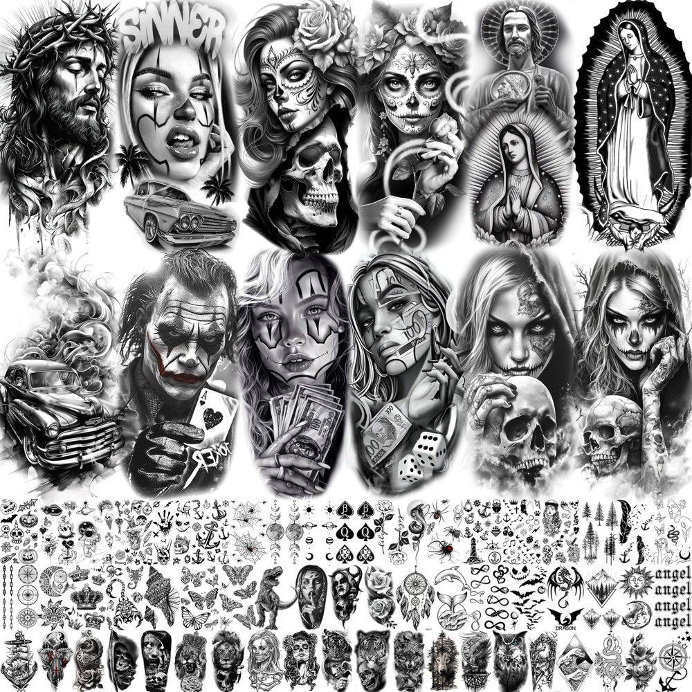 70 Sheets Chicano Temporary Tattoos For Women Men, Halloween Guadalupe Jesus Christ God Waterproof Half Arm Sleeve Tattoos For Adults, Virgin Mary Cholo Chola Fake Tattoo Sticker Joker Gangster Prison