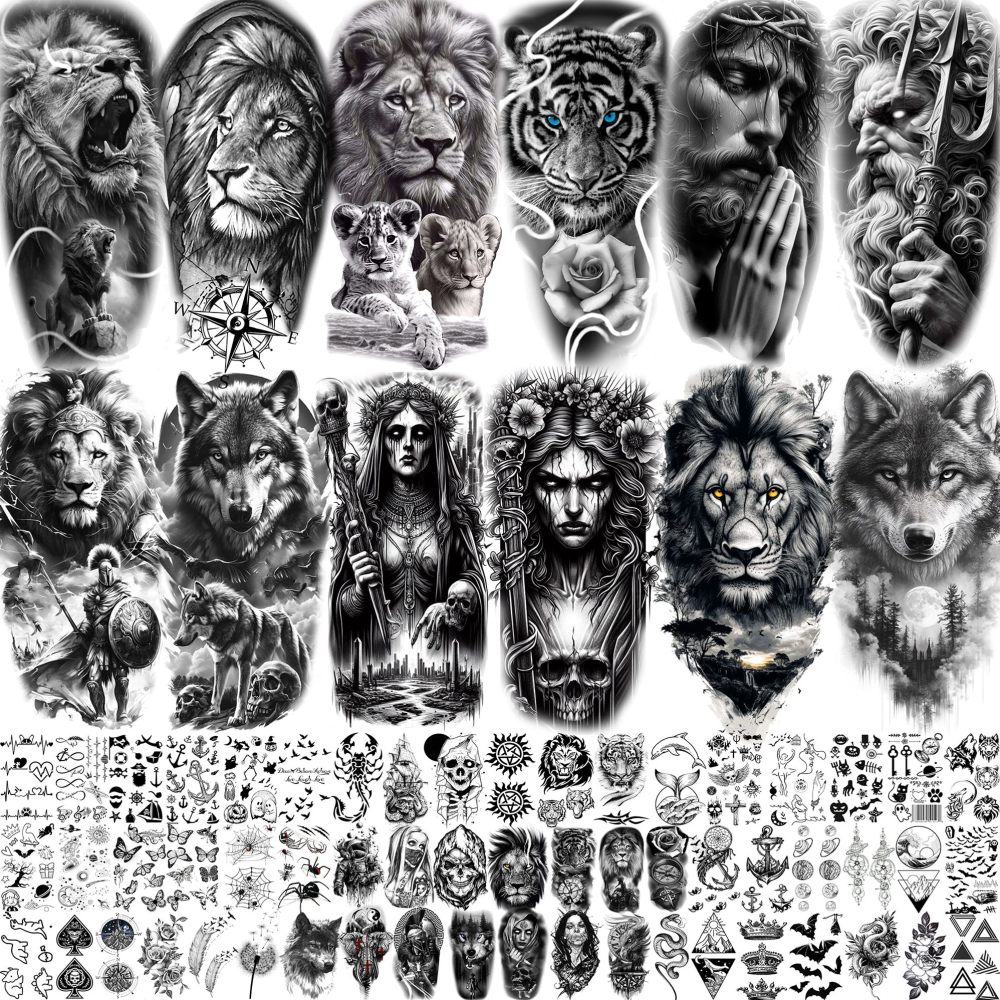 69 Sheets Gothic Lion Jesus Christ Temporary Tattoos For Women Men, Halloween Skull Warrior Zeus God Waterproof Half Arm Sleeve Tattoos For Adults, Tiger Wolf Long Lasting Fake Tattoo Sticker Skeleton