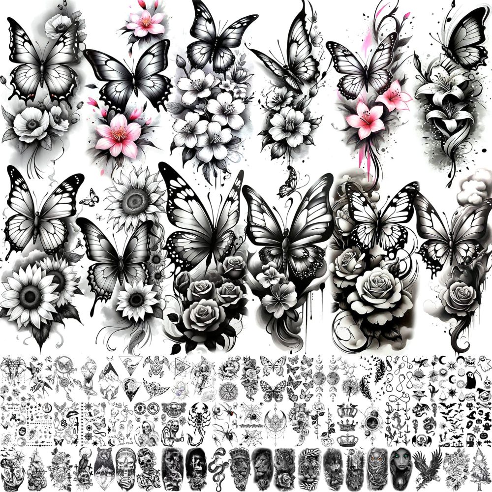 72 Sheets Rose Flower With Butterfly Temporary Tattoos For Women Girls, Sexy Floral Blossom Waterproof Half Arm Sleeve Tattoos For Adults, Long Lasting Fake Tattoo Sticker Peony Sunflower Butterflies