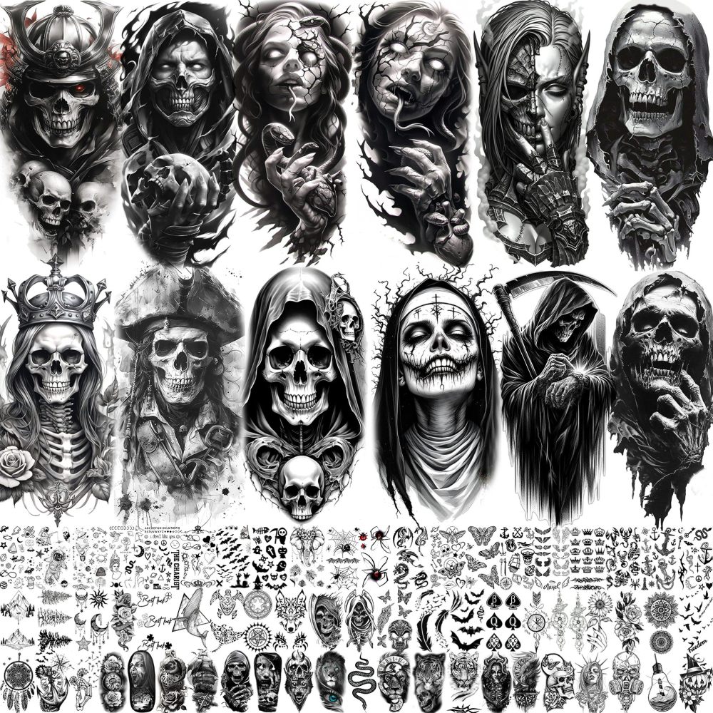 75 Sheets Halloween Skull Skeleton Temporary Tattoos For Men Women, Snake Demon Devil Fiend Satan Bulk Half Arm Sleeve Tattoos For Adults, 3D Temp Long Lasting Fake Tattoo Sticker Vampire Zombies