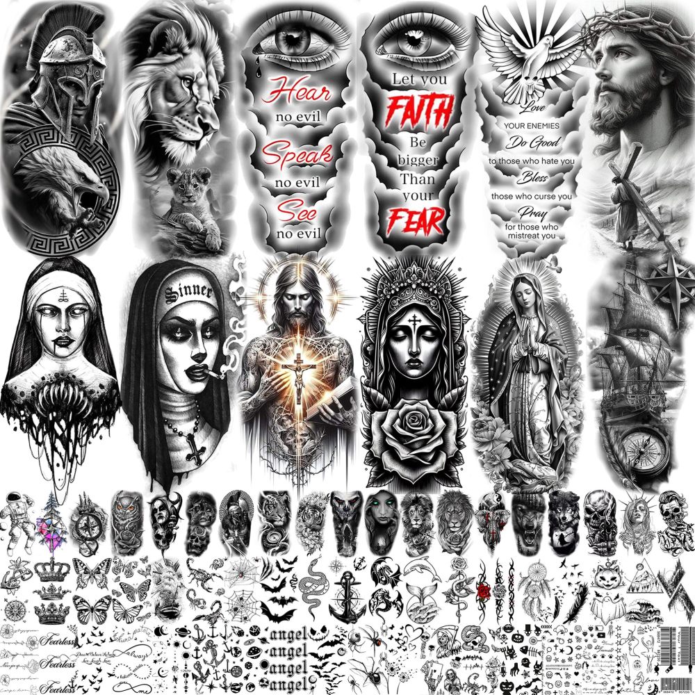 68 Sheets God Jesus Christ Temporary Tattoos For Men Women, Bulk Temp Religious Christian Peace Faith Nun Prayer Ship Half Arm Sleeve Tattoos For Adults, Tribal Eye Lion Holy Bible Quotes Fake Tattoo