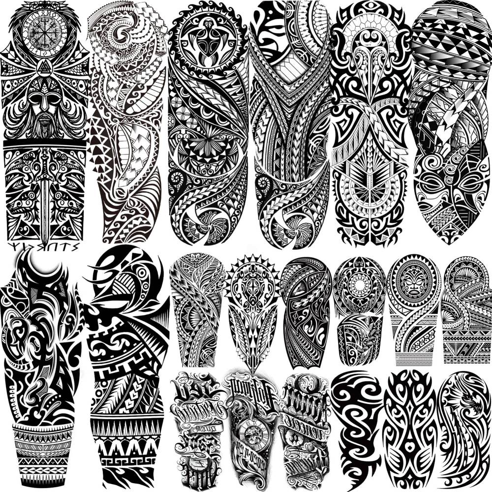 20 Sheets Extra Large Maori Full Arm Sleeve Temporary Tattoos For Men Women Thigh, Fake Sleeve Tattoos For Adults, Tribal Indian Long Lasting Halloween Black Turtle Maori Tattoo Stickers Faith