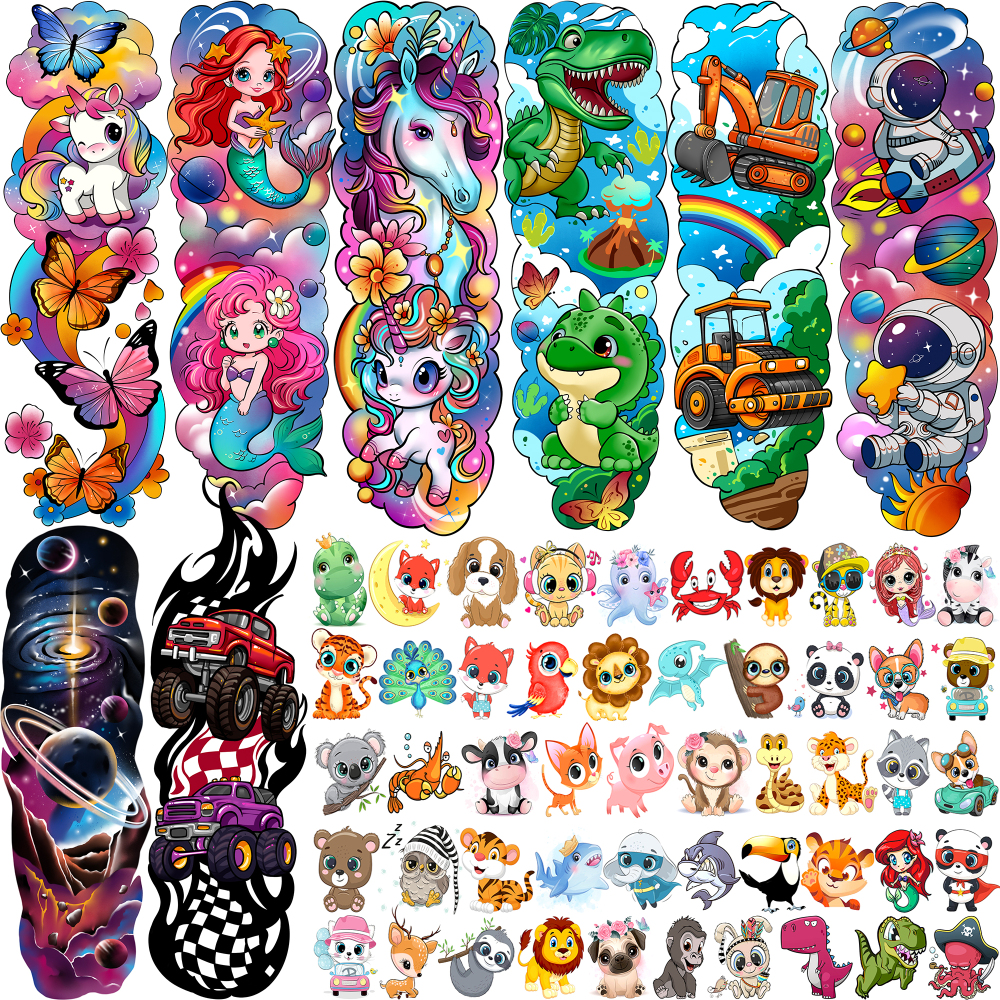 58 PCS Cartoon Unicorn Mermaid Temporary Tattoo For Kids Girls Boys, Full Arm Animals Dinosaur Car Space Monster Truck Butterfly Body Face Fake Arm Tattoos Stickers Birthday Gifts Goodie Bag Stuffer