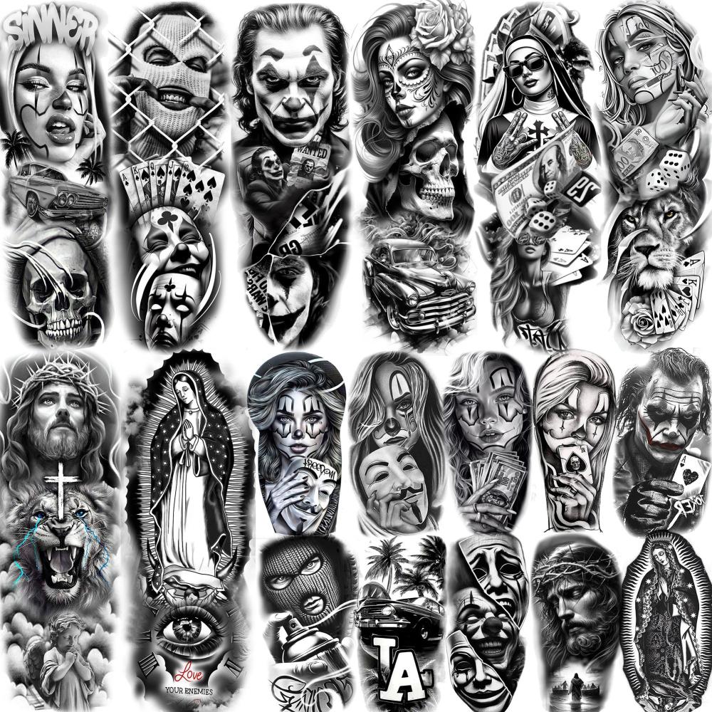 18 Sheets Chicano Full Arm Temporary Tattoos For Men Women Thigh, Chicana Guadalupe Joker Gangster Nun Girl Fake Sleeve Tattoos For Adults, Temp Bulk Jesus Christ Halloween Tattoo Stickers Prison