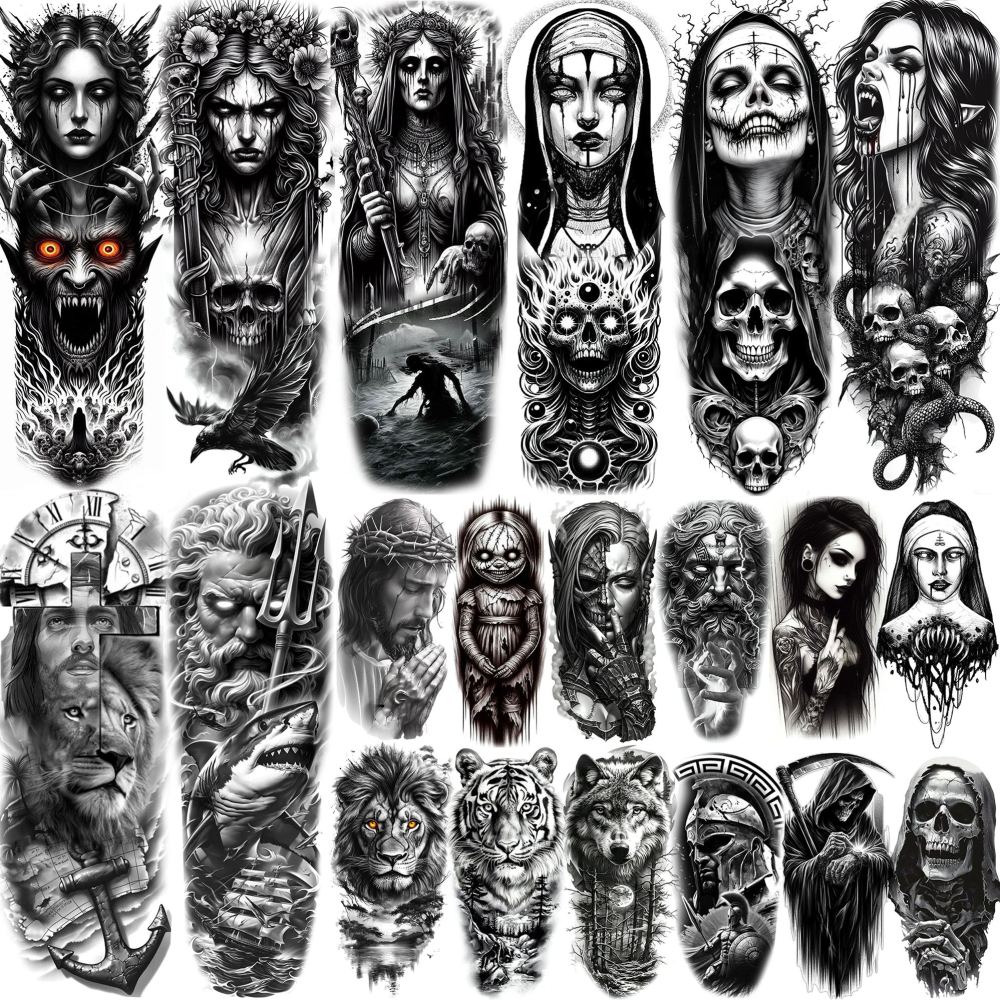 20 Sheets Black Gothic Full Arm Temporary Tattoos For Men Adults Thigh, Nun Girl Skull Skeleton Zeus God Jesus Christ Fake Sleeve Tattoos For Women, Scary Halloween Tattoo Stickers Demon Vampire