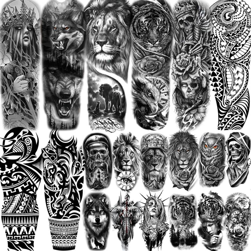 20 Sheets Black Tribal Wolf Tiger Lion Temporary Tattoo Sleeve For Men Adults, 3D Halloween Prison Gothic Maori Sleeve Tattoos For Women, Fake Full Arm Sleeve Tattoo Stickers Skull Skeleton