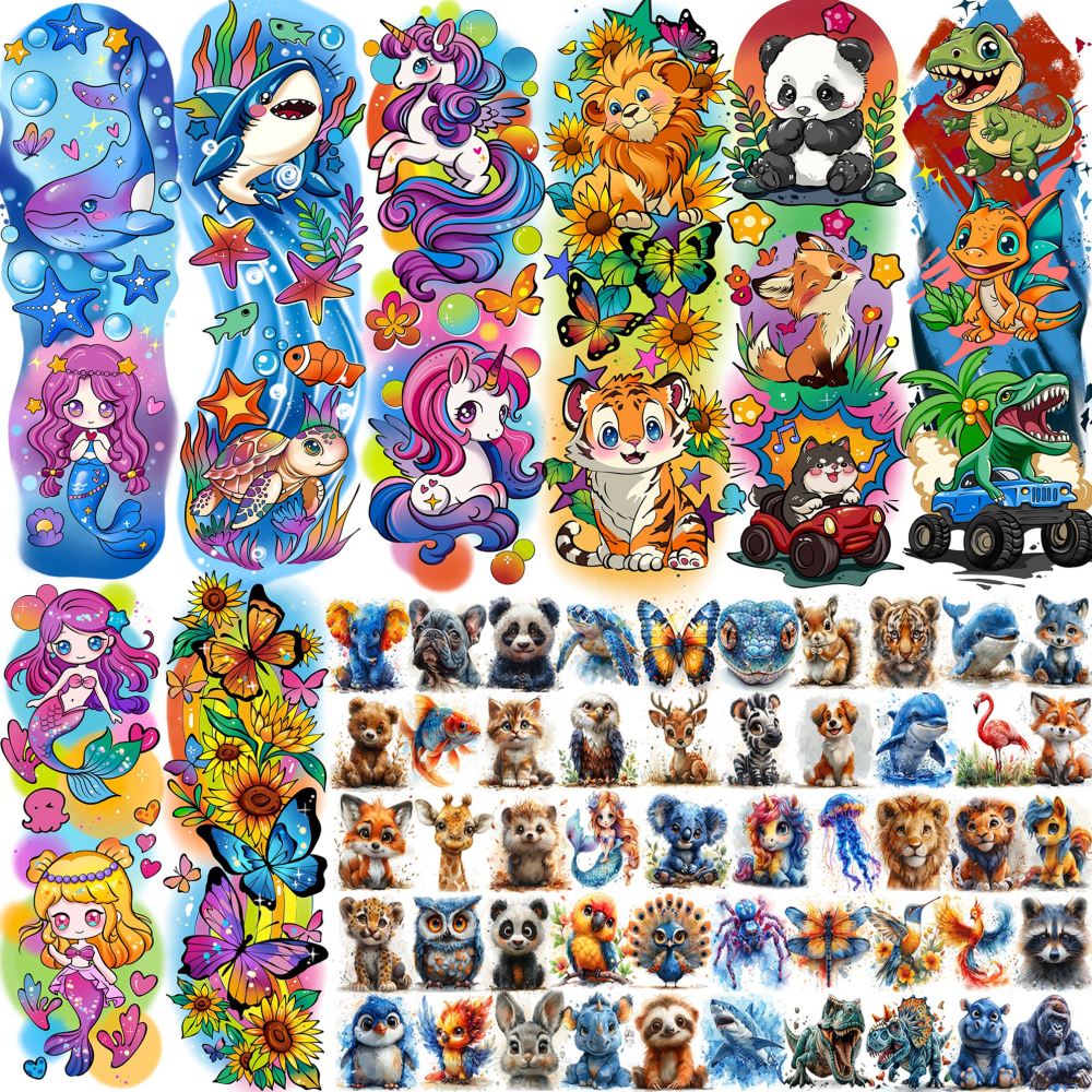 58 PCS 3D Cartoon Marine Animals Temporary Tattoos For Kids Mermaid Girls Boys, Fake Full Arm Sleeve Tattoos Dinosaur Ocean Mermaid Butterfly Body Face Arm Tattoo Stickers, Birthday Gifts Party Supply