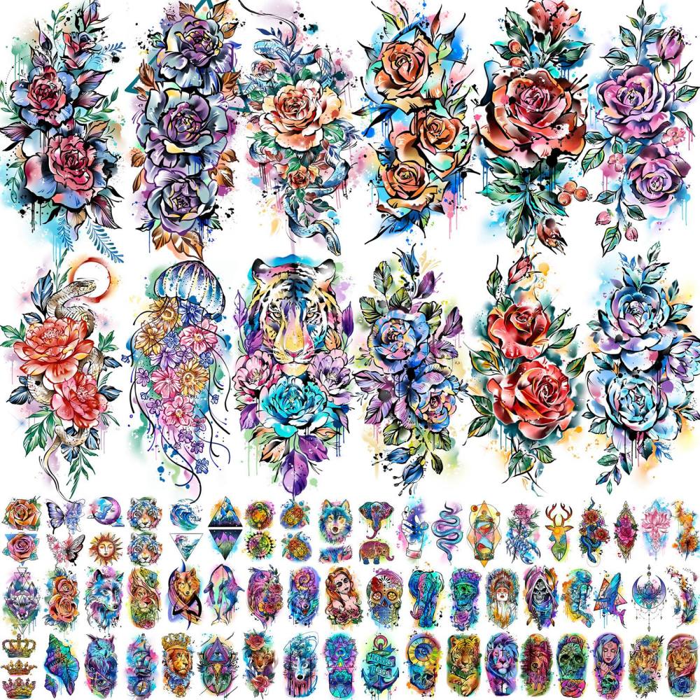 67 Sheets Watercolor Rose Flower Temporary Tattoos For Women Girls, 12 Sheets Colorful Arm Sleeve Tattoos For Adults Floral Snake Tiger, 53 Sheets Groovy Small Semi Permanent Fake Tattoos Kids