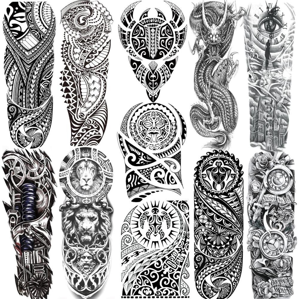 11 Sheets Maori Temporary Tattoo Sleeve For Men Adults Tiki Turtle Manta Waterproof Fake Tattoo Sleeves For Women Black Dragon Totem Tribal Military Long Full Sleeve Tattoos Temporary Stickers