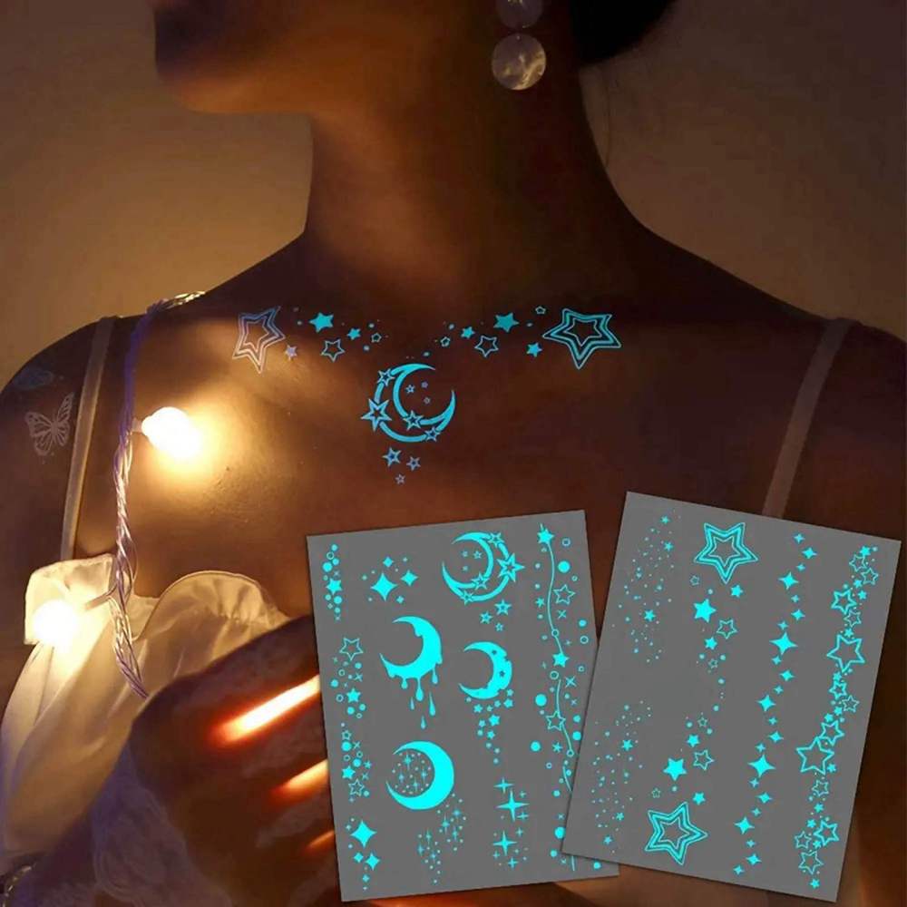 Blue Luminous Star Crescent Moon Temporary Tattoos For Women Clavicle Girls Adults Neck, 4 Sheets Sexy Lace Butterfly Planet Fake Necklace Glow In The Dark Tattoo Sticker, Night Glitter Party Supply