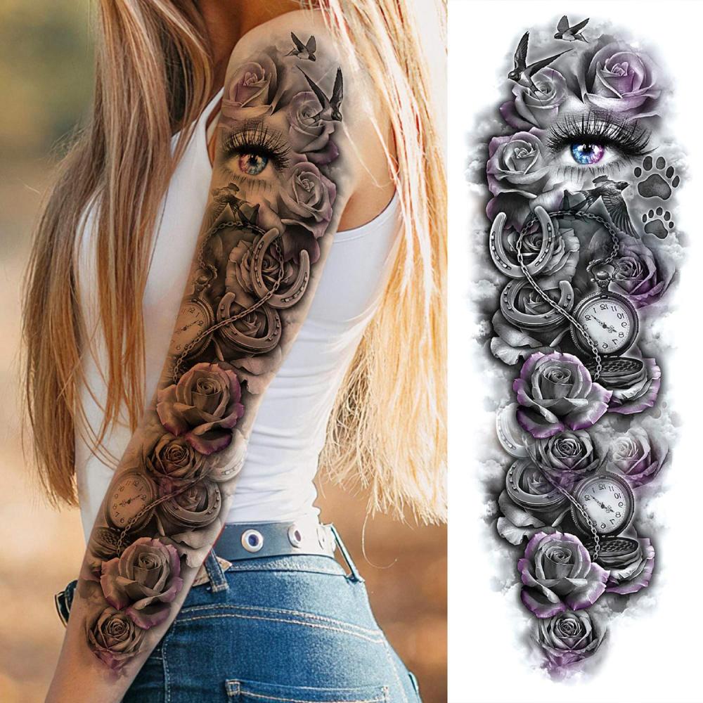 11 Sheets Large Vine Peony Flower Rose Full Arm Temporary Tattoos For Women Realistic Skull Skeleton Fake Temporary Tattoo Sleeves Stickers Waterproof Leg Makeup Floral Blossom Tatoos Paper Eye