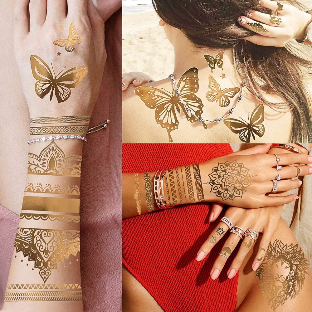 9 Sheets 110+ Designs Flash Gold Temporary Tattoos Metallic For Women Adult, Girl Golden Lion Festival Sun Moon Star Butterfly Glitter Tattoo Sticker, Fake Tattoos That Look Real and Last Long
