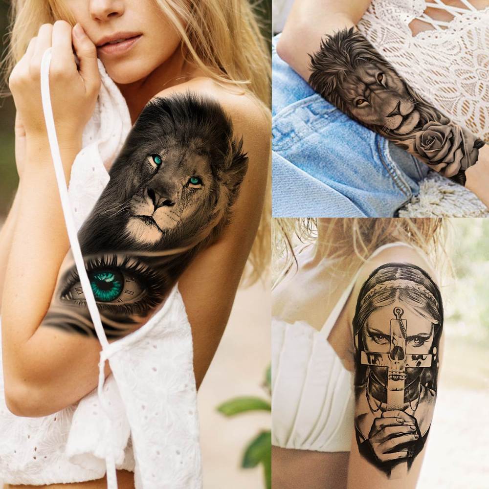 65 Sheets  Black Tiger Lion Temporary Tattoos For Men Women Arm Sleeve, Waterproof Tattoo Stickers Adults Snake Wolf Rose Flower Compass, 3D Skull Owl Fake Tattoos That Look Real And Last Long