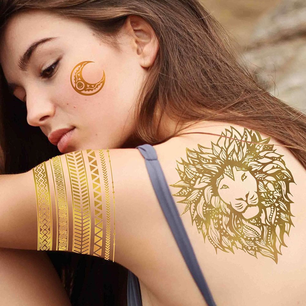 9 Sheets 110+ Designs Flash Gold Temporary Tattoos Metallic For Women Adult, Girl Golden Lion Festival Sun Moon Star Butterfly Glitter Tattoo Sticker, Fake Tattoos That Look Real and Last Long