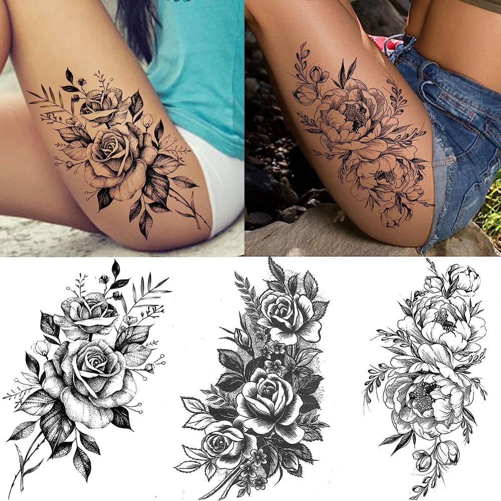 11 Sheets Large Vine Peony Flower Rose Full Arm Temporary Tattoos For Women Realistic Skull Skeleton Fake Temporary Tattoo Sleeves Stickers Waterproof Leg Makeup Floral Blossom Tatoos Paper Eye