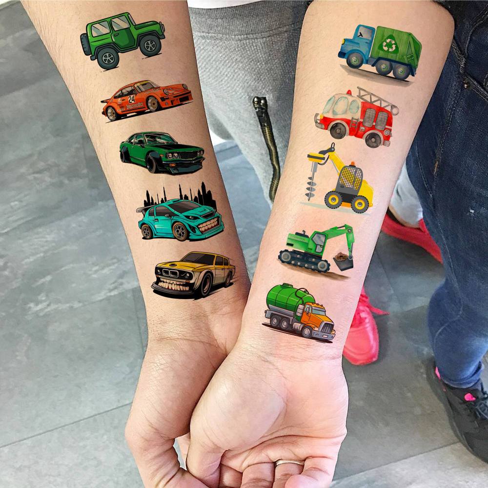 50 PCS Cute Cartoon Construction Temporary Tattoos For Kids Boys Face Arm, 3D Builder Excavator Monster Truck Racing Car Fake Tattoo Sticker Children Party Favor Birthday Gifts, Goodie Bags Stuffers
