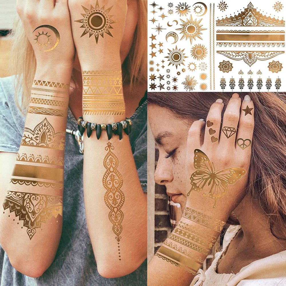 9 Sheets 110+ Designs Flash Gold Temporary Tattoos Metallic For Women Adult, Girl Golden Lion Festival Sun Moon Star Butterfly Glitter Tattoo Sticker, Fake Tattoos That Look Real and Last Long