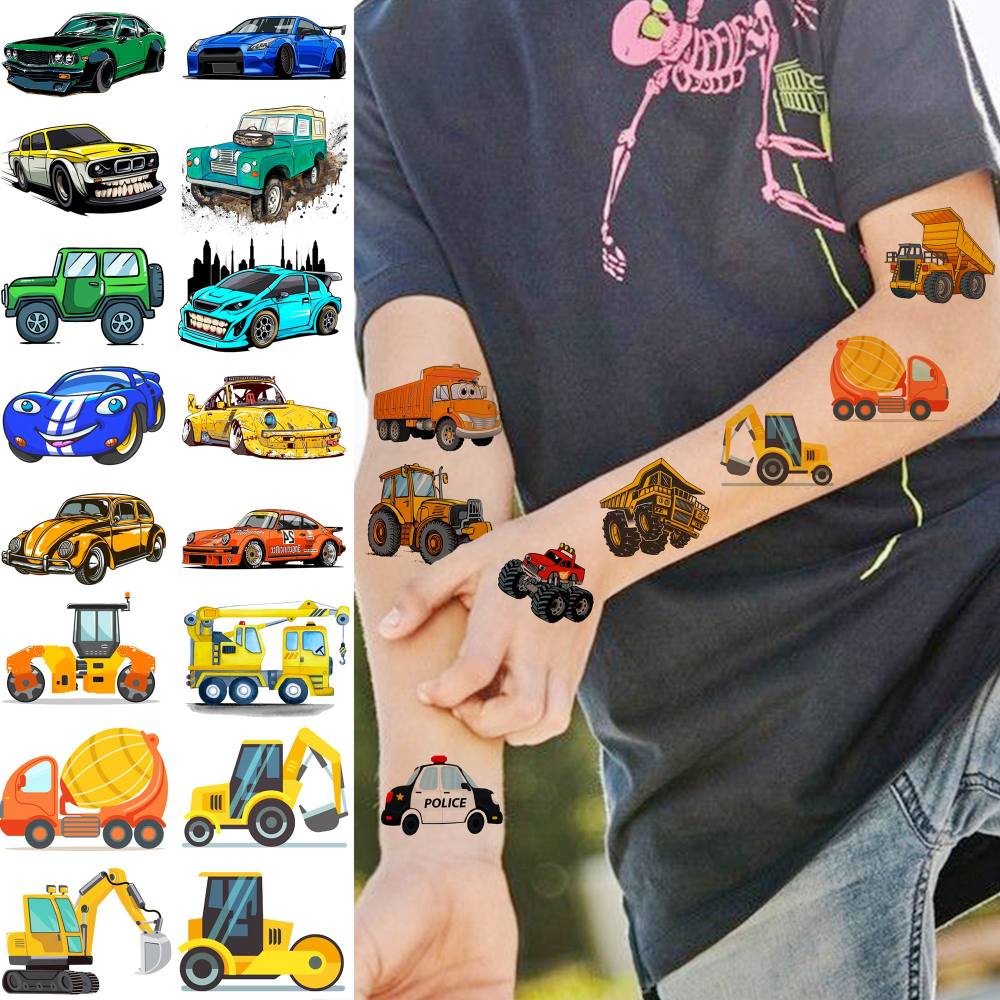 50 PCS Cute Cartoon Construction Temporary Tattoos For Kids Boys Face Arm, 3D Builder Excavator Monster Truck Racing Car Fake Tattoo Sticker Children Party Favor Birthday Gifts, Goodie Bags Stuffers