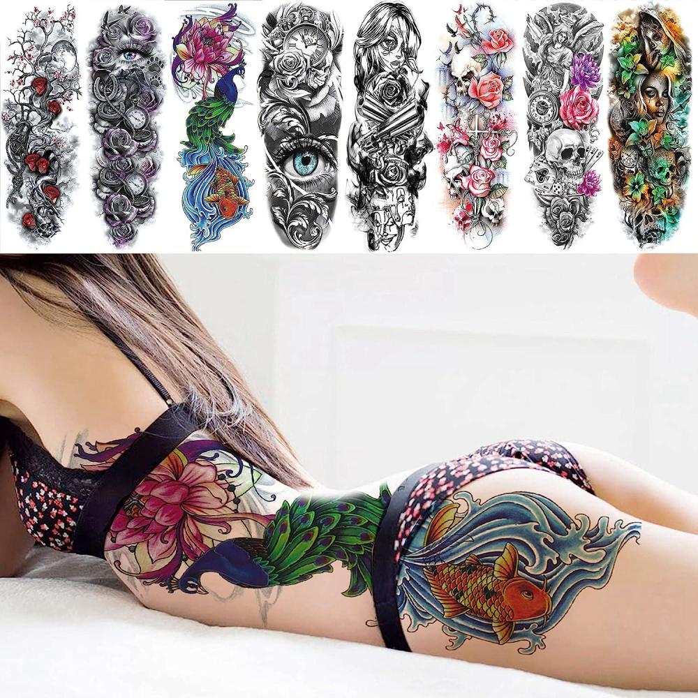 11 Sheets Large Vine Peony Flower Rose Full Arm Temporary Tattoos For Women Realistic Skull Skeleton Fake Temporary Tattoo Sleeves Stickers Waterproof Leg Makeup Floral Blossom Tatoos Paper Eye
