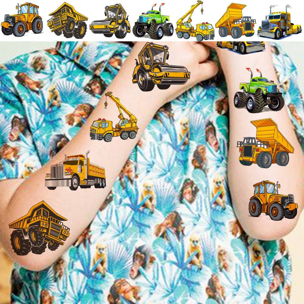 50 PCS Cute Cartoon Construction Temporary Tattoos For Kids Boys Face Arm, 3D Builder Excavator Monster Truck Racing Car Fake Tattoo Sticker Children Party Favor Birthday Gifts, Goodie Bags Stuffers